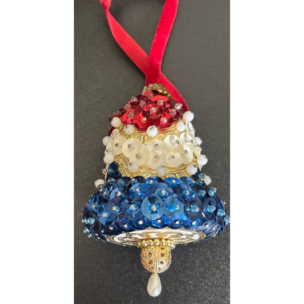 Vtg Beaded Push Pin Sequin Bell Christmas Tree Ornament Patriotic Red White Blue